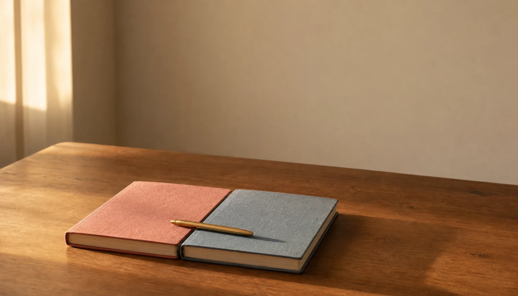 Two closed linen notebooks, one dusty rose and one dusty blue, side by side on a wooden table in warm evening light, with a brass pen resting across the gap between them.